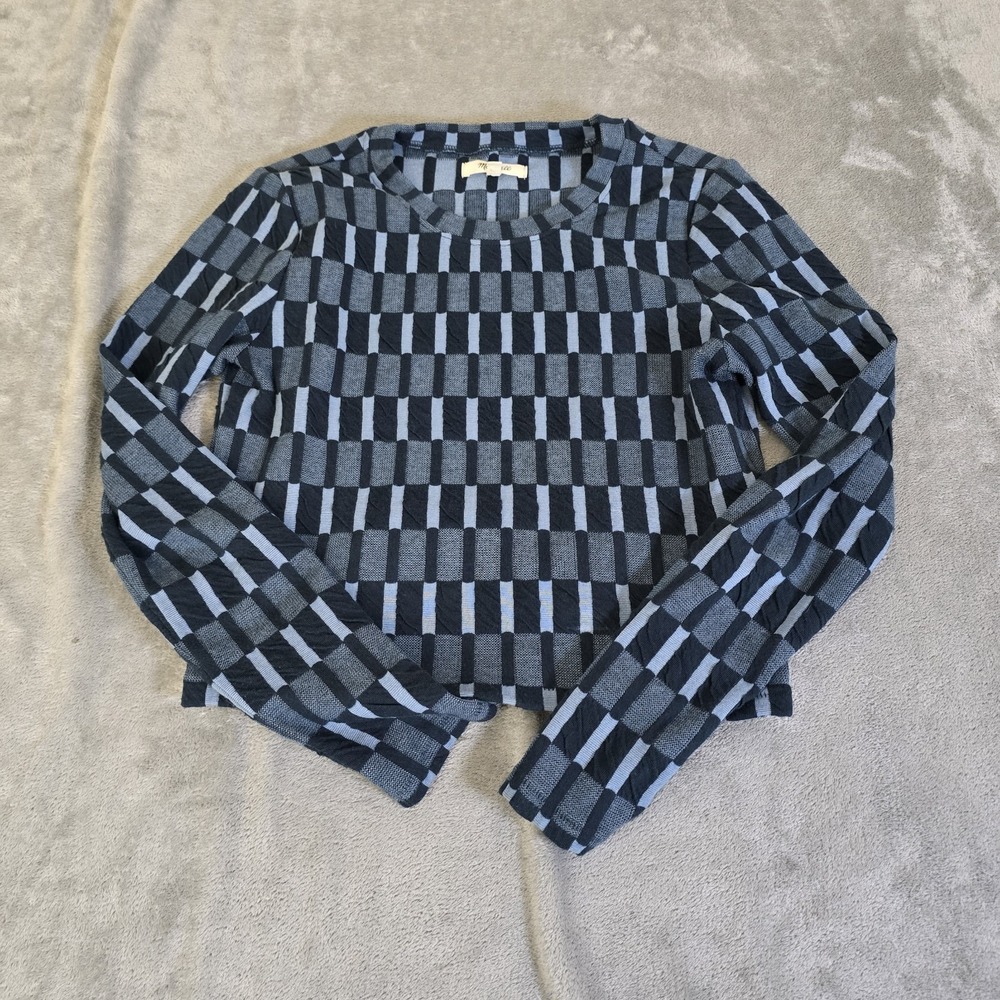 Madewell Top Womens Medium Blue Fine Ribbed Supercrop Crewneck Geometric Pattern